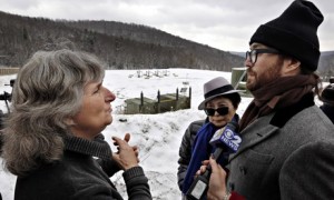Anti-fracking activist Vera Scroggins, left, talks with Yoko Ono, center, and Sean Lennon at a fracking site in Franklin Forks, Pennsylvania. Scroggins is also a videographer and self-appointed guide to the gas patch of northeastern Pennsylvania, where she lives in a single-wide trailer near a lake. Photograph: Richard Drew/AP 